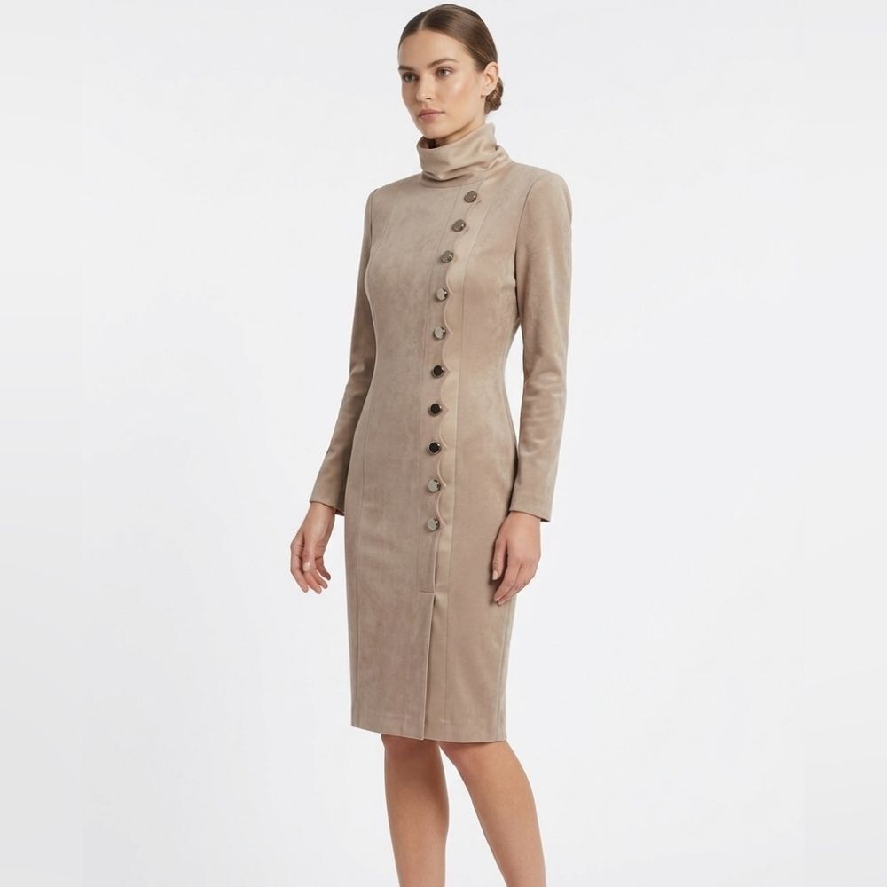 Vintage Kelebek Collezione Taupe Mock Neck Scalloped Dress Size 38 Small Vtg